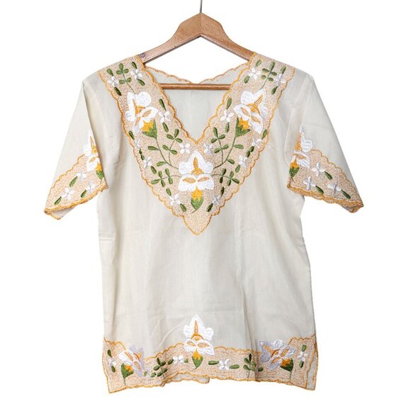 Vintage Ethnic Floral Embroidered Top Short Sleeve Shirt Mexico Yellow Cream - Picture 3 of 10